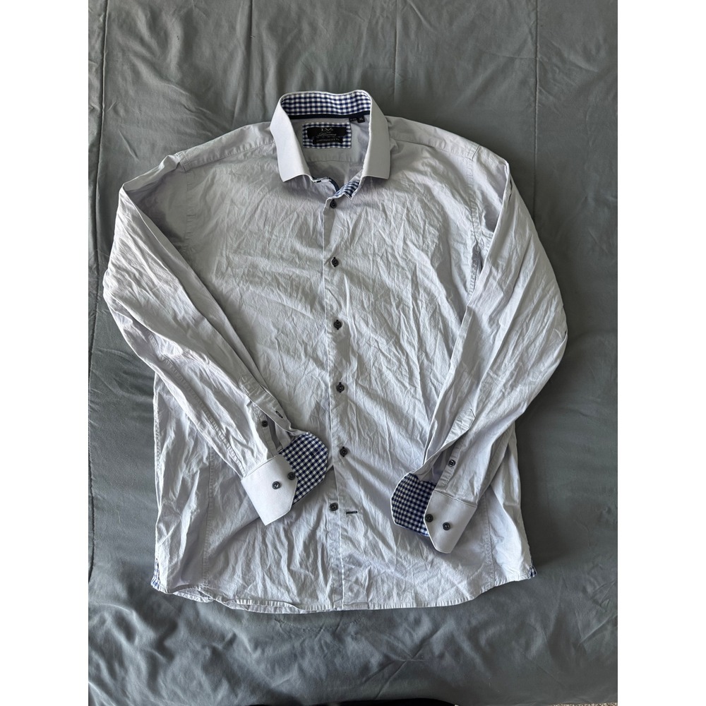 LVs by Levinas Dress Shirt Mens XL Light Blue Gingham Trim Excellent Stretch
